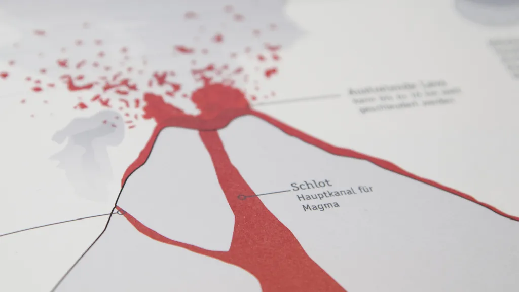 Volcanism information graphic showing a cutaway volcano and magma channels