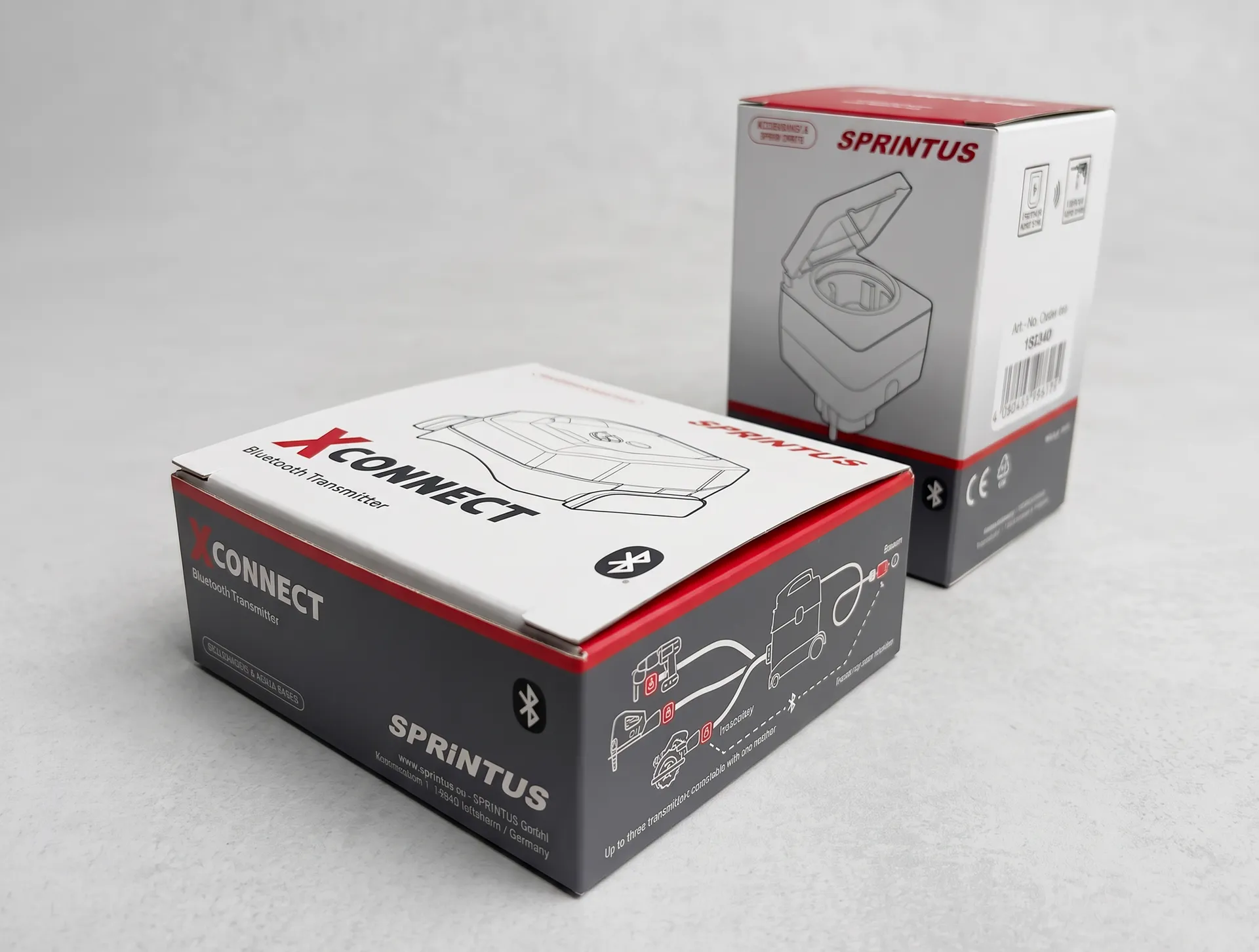 Final SPRiNTUS XCONNECT and accessory packaging in a professional product photograph